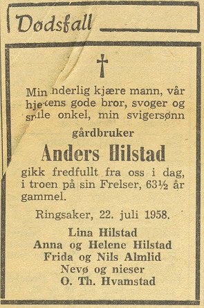 Anders Hilstads Ddsannonse